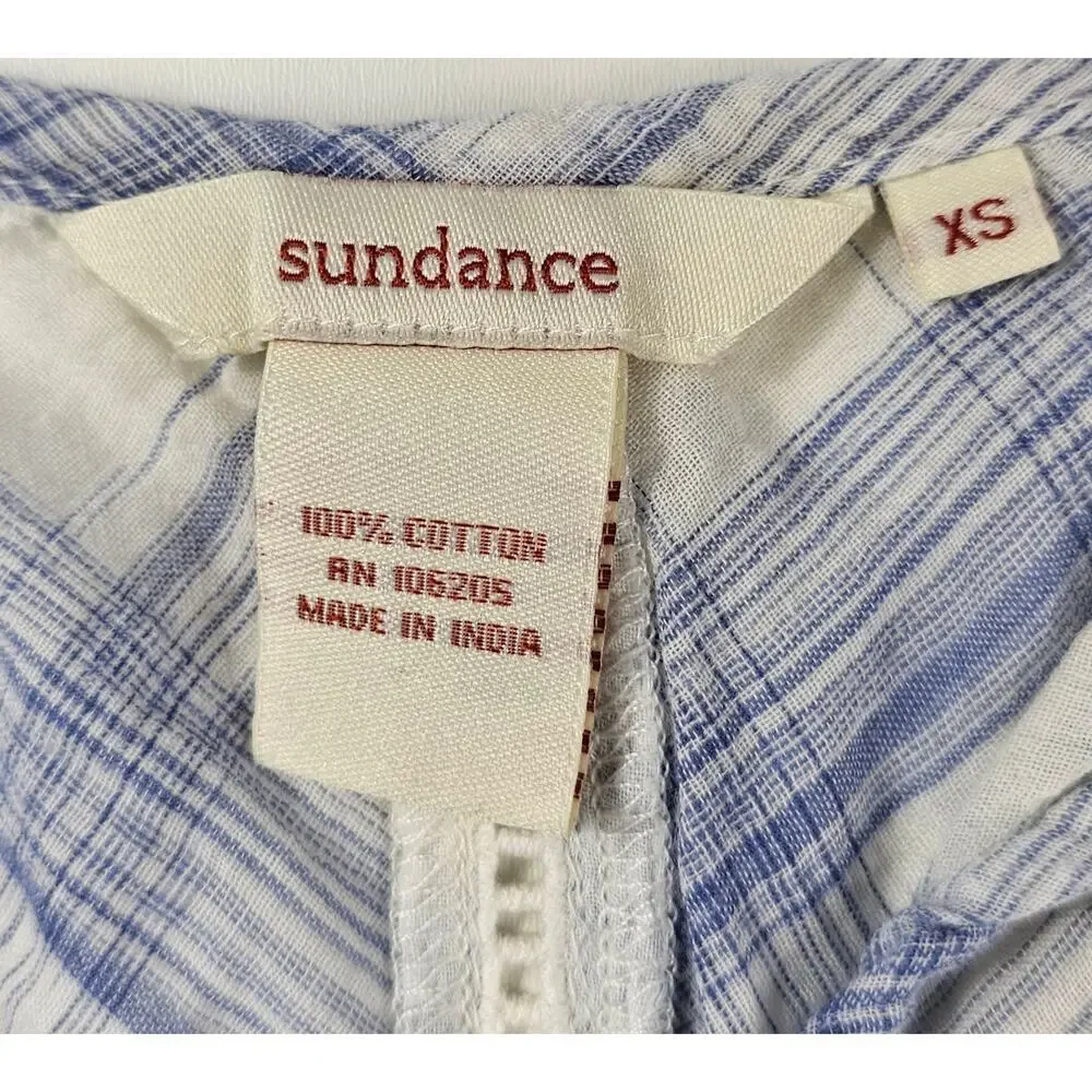 SUNDANCE XS Blue White Plaid Eyelet Pullover Boho Cotton Long Sleeve Top EUC - Picture 4 of 7